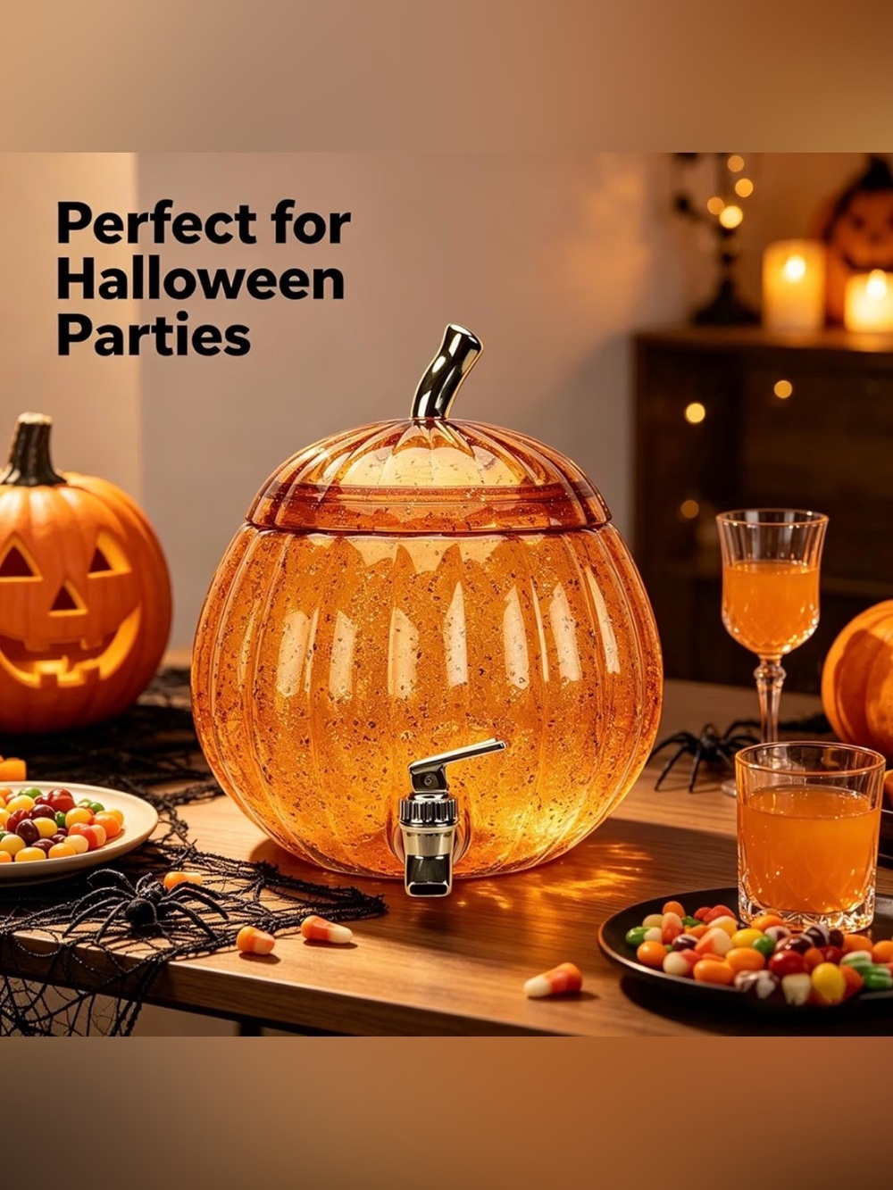 Festive Orange Glitter Acrylic Drink Dispenser with Spigot - Halloween Party